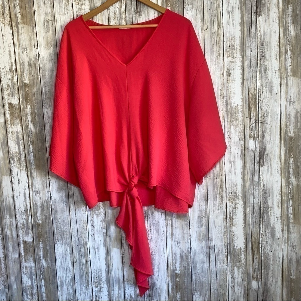 Jodifl Oversized Pink Wide Sleeve Tie Bottom Blouse
